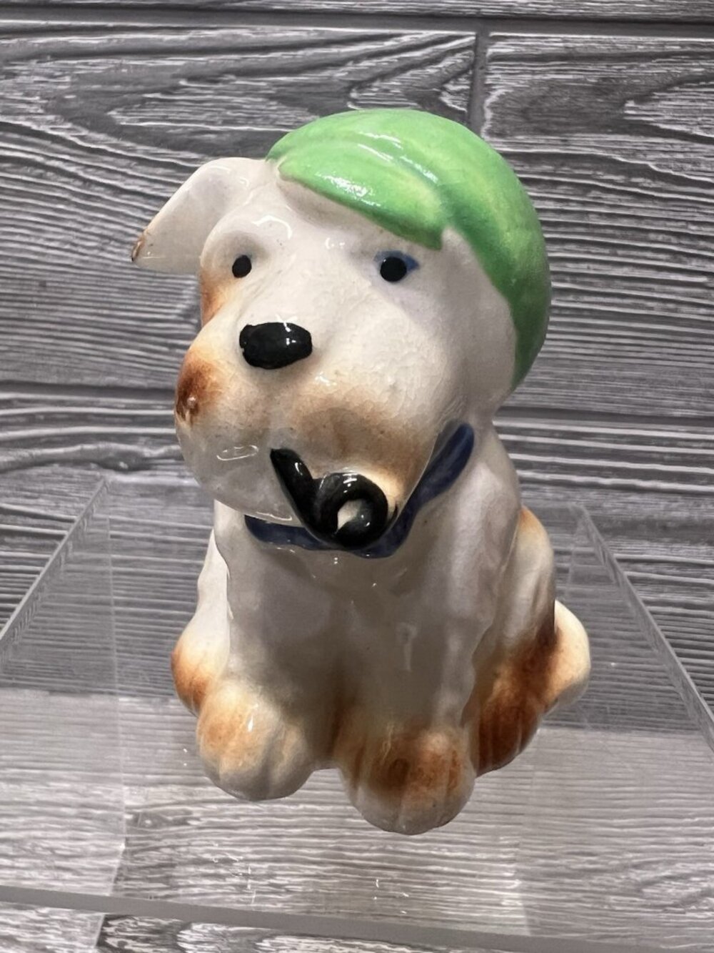 Vintage Japan Dog Figurine Smoking Pipe Green Hat Ceramic Terrier 3.5”